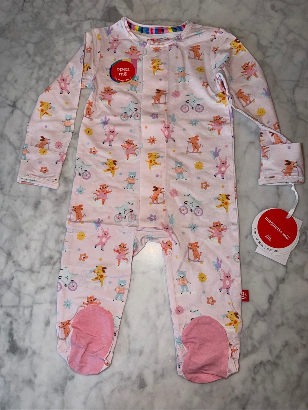 NWT MAGNETIC ME MODAL Pink Animal Print Magnetic-Closure Footed One-Piece 3/6M